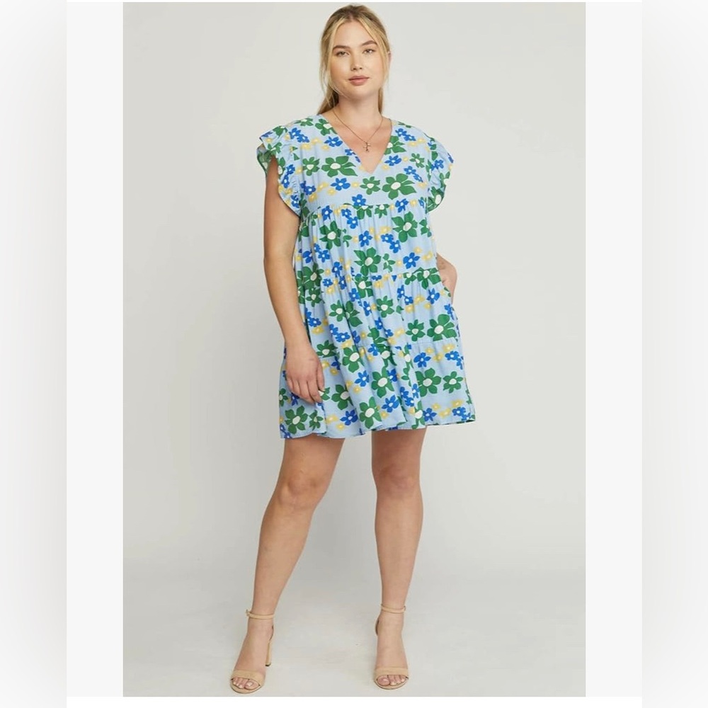 Entro USA Floral Tiered Babydoll Dress Blue and Green Flowers Size Small S